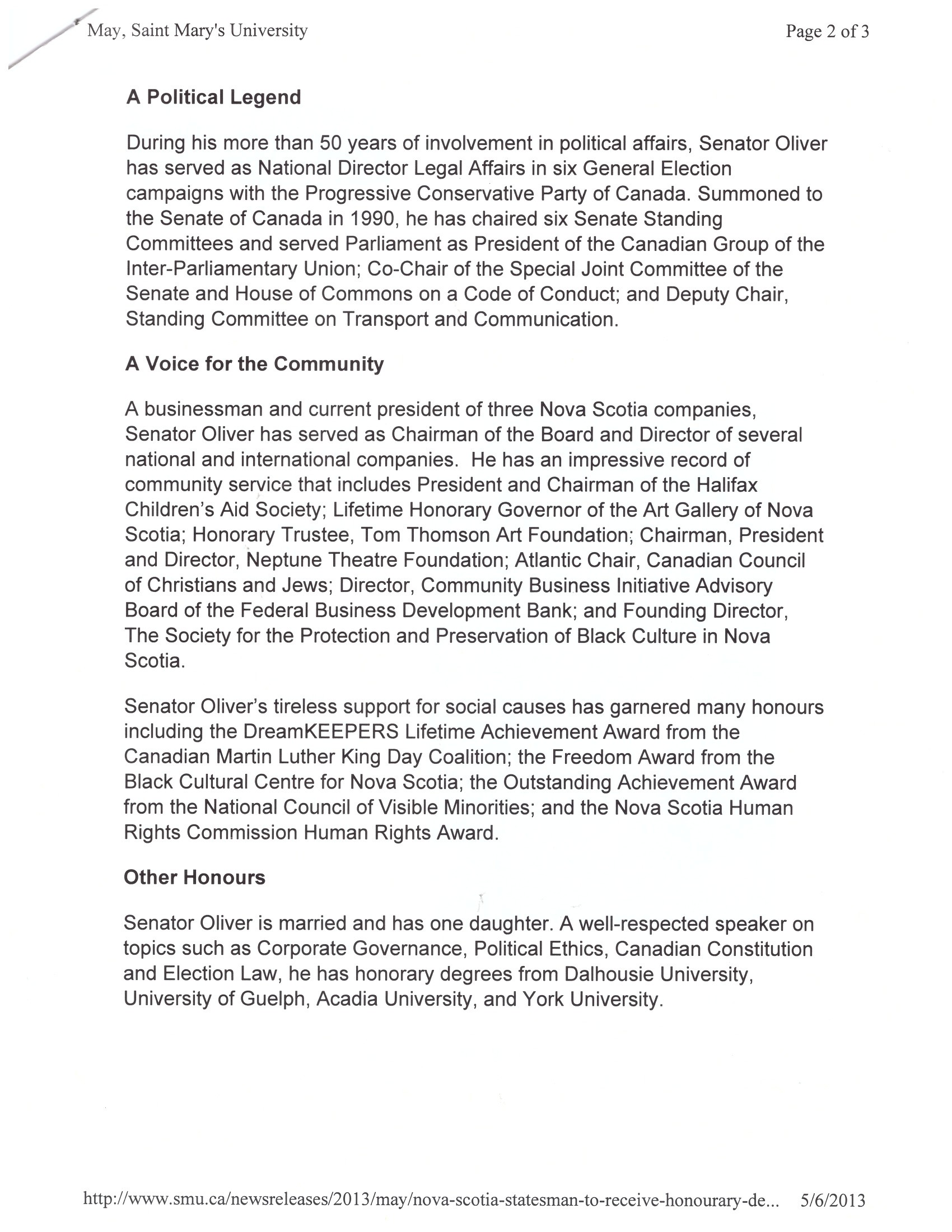Nova Scotia Statesman To Receive Honourary Degree-Saint Marys University, May 2013 pg2&3