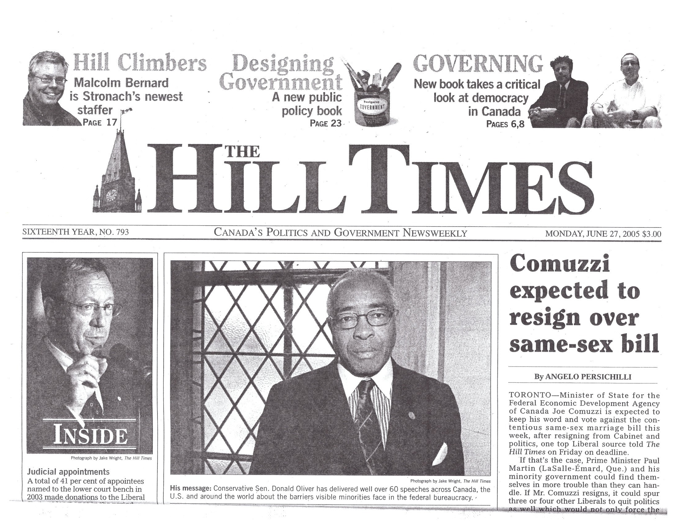 Senator Donald Oliver Delivered Over 60 Speeches -The Hill Times June 27, 2005 front page